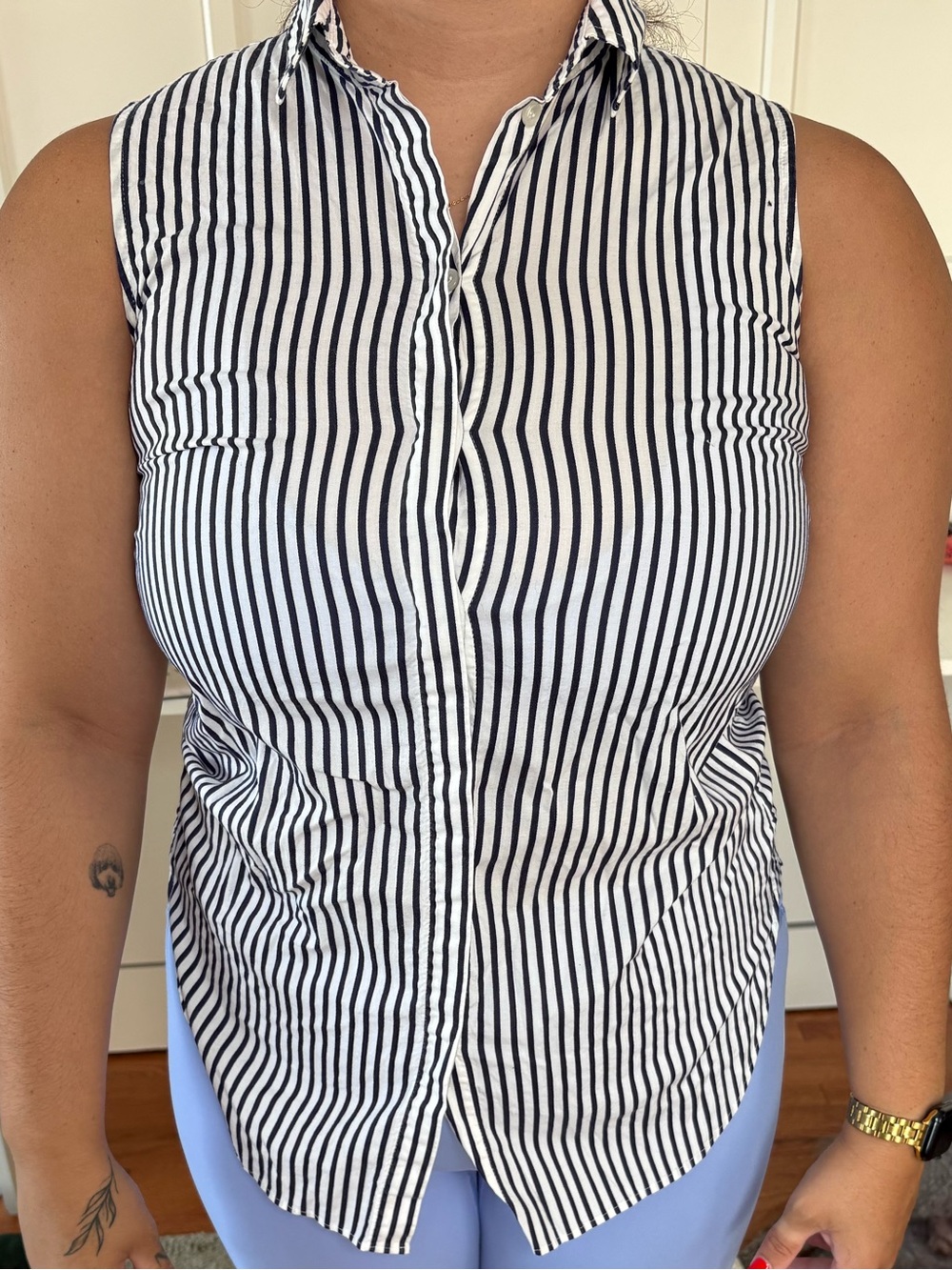 J. Crew Navy and White Striped cotton sleeveless button-down tank